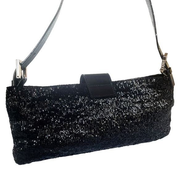 Fendi baguette embroidered glitter embellished black  leather beaded bag handbag - Picture 2 of 6